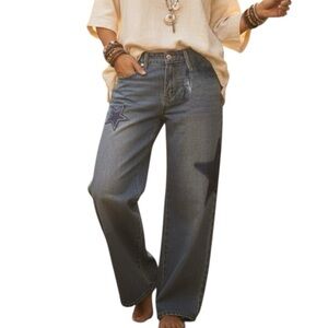 NWT Cali 1850 Rhinestone Star Wide Leg Baggy Denim Jeans Size 28
